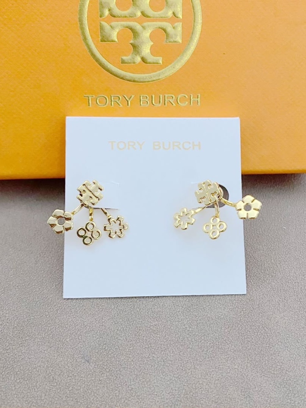 Tory Burch Gold Tiny Floral Logo Drop Earrings